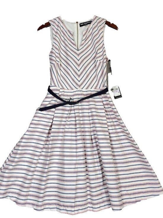 Karl Lagerfeld Dresses & Skirts - Karl Lagerfeld Dress Women's 6 White Blue Striped A-Line Belted 4th of July NWT